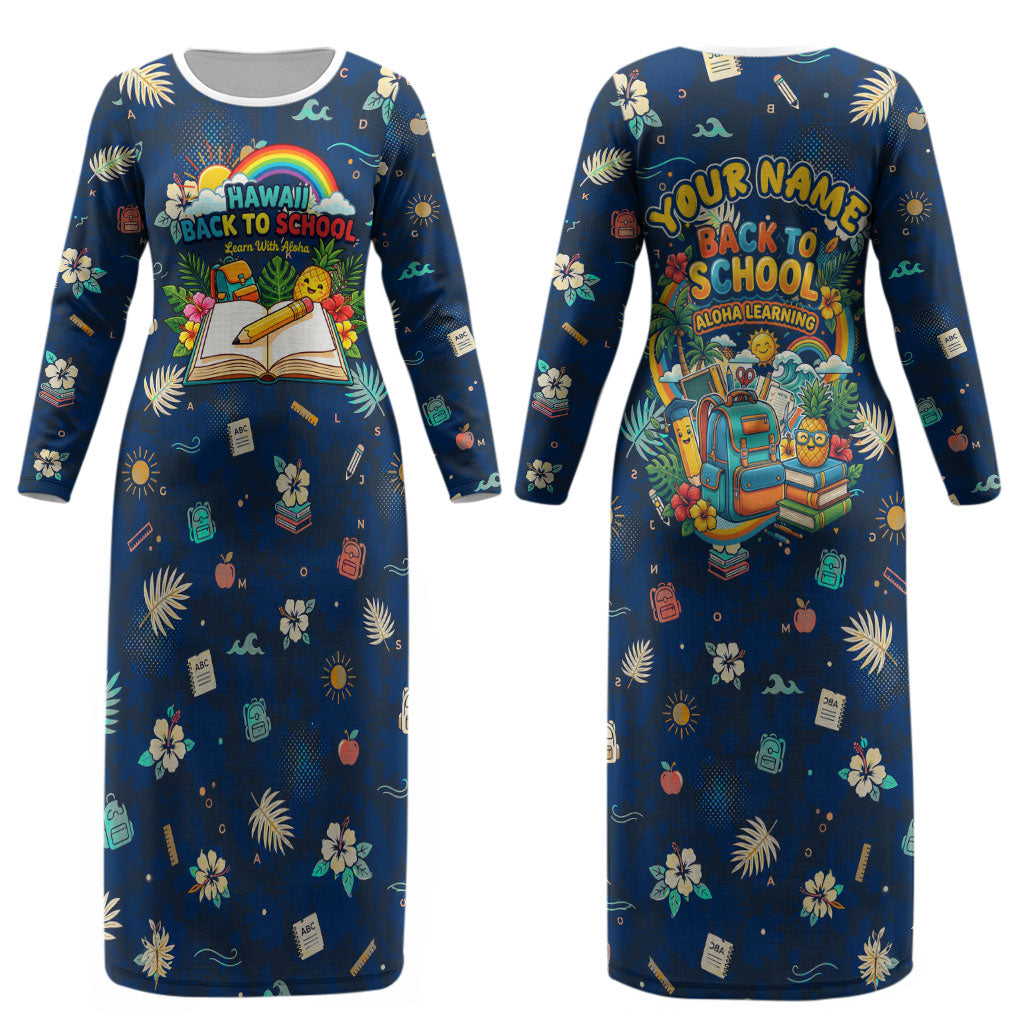 Personalized Hawaii Back To School Aloha Learning Couples Matching Long Sleeve Bodycon Dress and Long Sleeve Button Shirt Retro Rainbow open Notebook with Pineapple and Hibiscus Flowers TS04 - Polynesian Pride