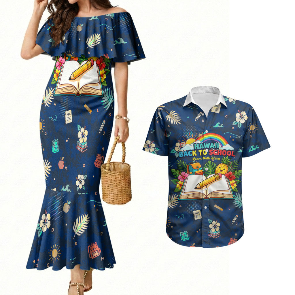 Personalized Hawaii Back To School Aloha Learning Couples Matching Mermaid Dress and Hawaiian Shirt Retro Rainbow open Notebook with Pineapple and Hibiscus Flowers TS04 Blue - Polynesian Pride