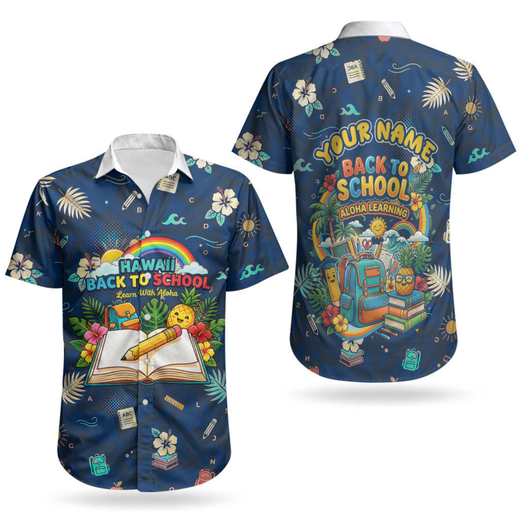 Personalized Hawaii Back To School Aloha Learning Couples Matching Mermaid Dress and Hawaiian Shirt Retro Rainbow open Notebook with Pineapple and Hibiscus Flowers TS04 - Polynesian Pride