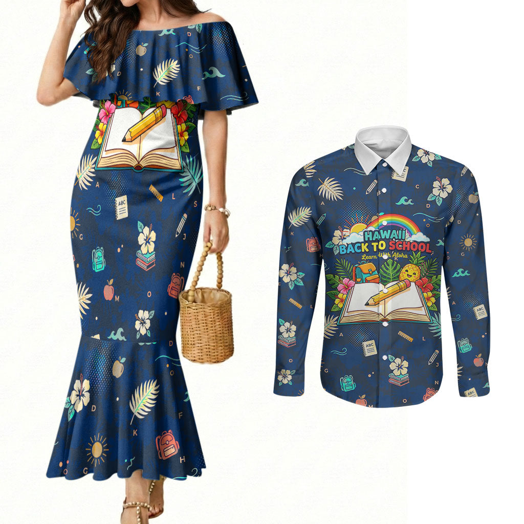 Personalized Hawaii Back To School Aloha Learning Couples Matching Mermaid Dress and Long Sleeve Button Shirt Retro Rainbow open Notebook with Pineapple and Hibiscus Flowers TS04 Blue - Polynesian Pride