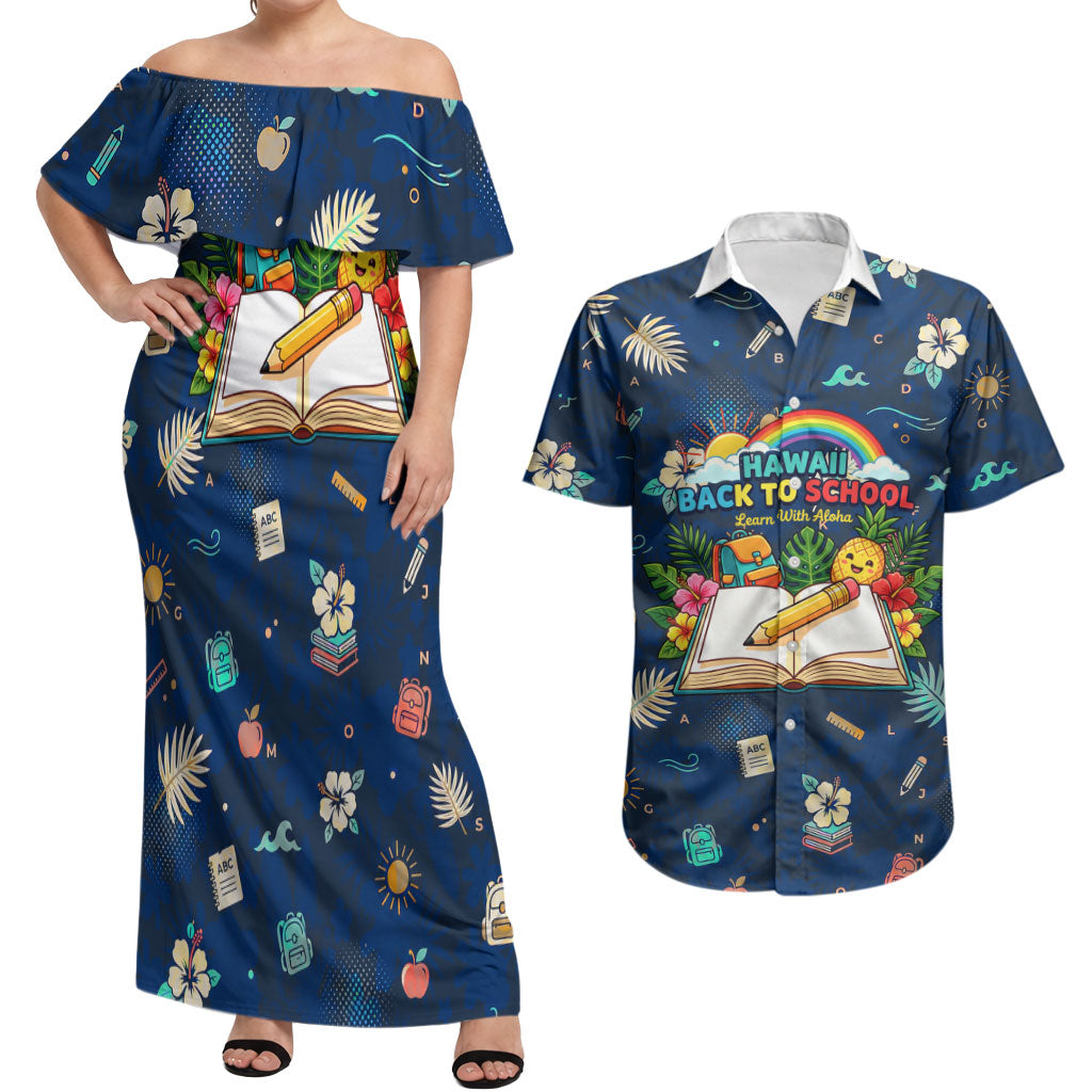Personalized Hawaii Back To School Aloha Learning Couples Matching Off Shoulder Maxi Dress and Hawaiian Shirt Retro Rainbow open Notebook with Pineapple and Hibiscus Flowers TS04 Blue - Polynesian Pride