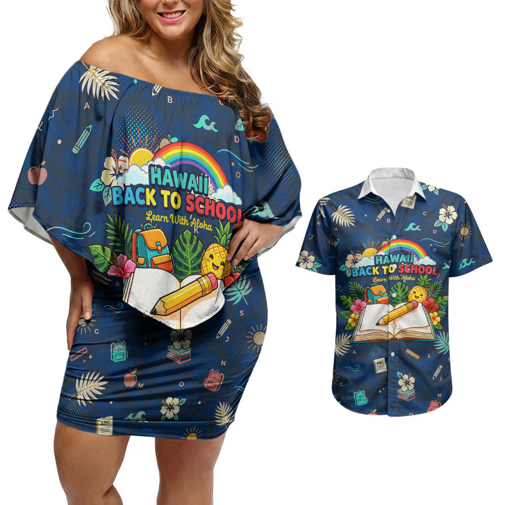 Personalized Hawaii Back To School Aloha Learning Couples Matching Off Shoulder Short Dress and Hawaiian Shirt Retro Rainbow open Notebook with Pineapple and Hibiscus Flowers TS04 Blue - Polynesian Pride