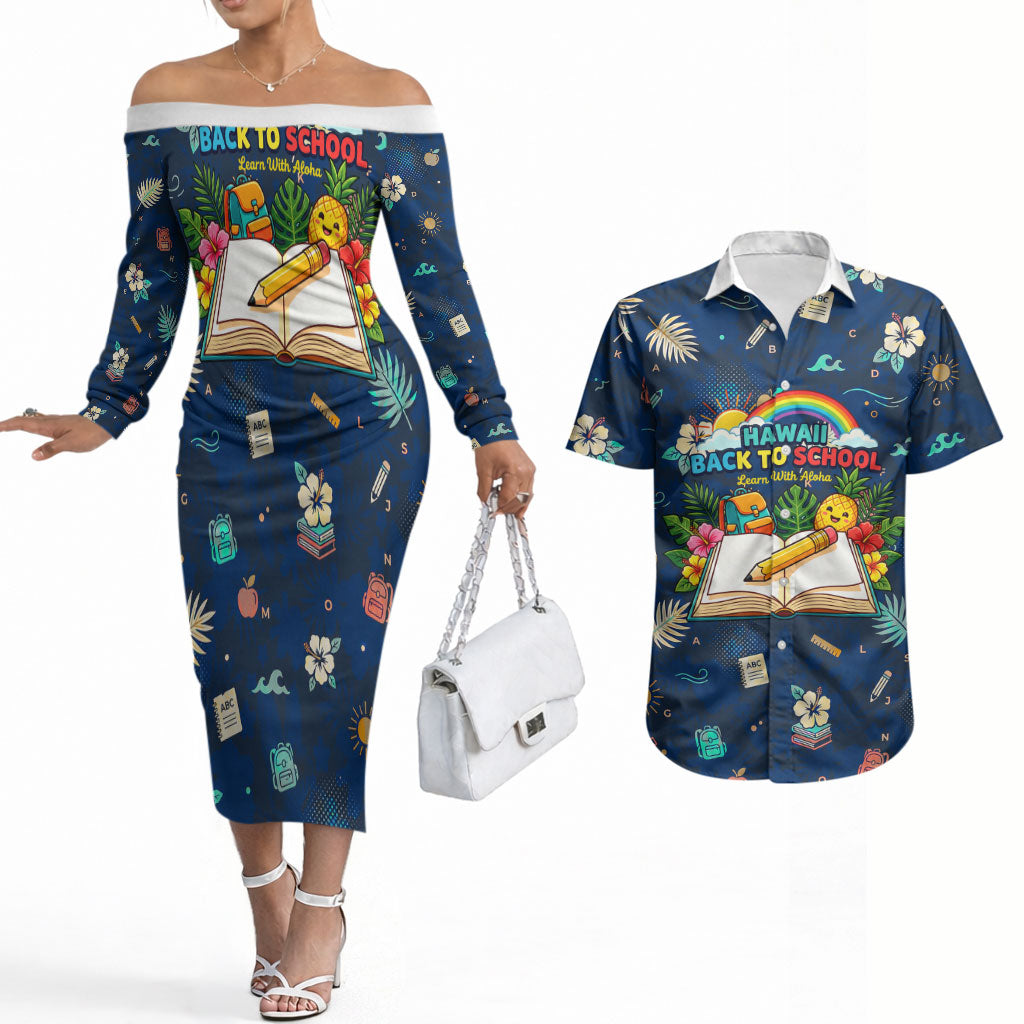 Personalized Hawaii Back To School Aloha Learning Couples Matching Off The Shoulder Long Sleeve Dress and Hawaiian Shirt Retro Rainbow open Notebook with Pineapple and Hibiscus Flowers TS04 Blue - Polynesian Pride