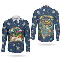 Personalized Hawaii Back To School Aloha Learning Couples Matching Off The Shoulder Long Sleeve Dress and Long Sleeve Button Shirt Retro Rainbow open Notebook with Pineapple and Hibiscus Flowers TS04 - Polynesian Pride