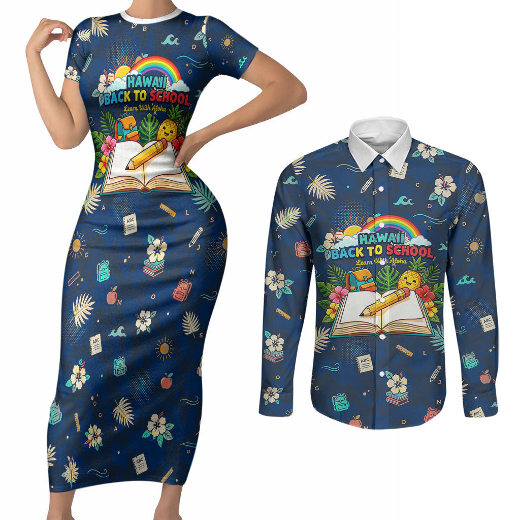 Personalized Hawaii Back To School Aloha Learning Couples Matching Short Sleeve Bodycon Dress and Long Sleeve Button Shirt Retro Rainbow open Notebook with Pineapple and Hibiscus Flowers TS04 Blue - Polynesian Pride