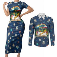 Personalized Hawaii Back To School Aloha Learning Couples Matching Short Sleeve Bodycon Dress and Long Sleeve Button Shirt Retro Rainbow open Notebook with Pineapple and Hibiscus Flowers TS04 Blue - Polynesian Pride