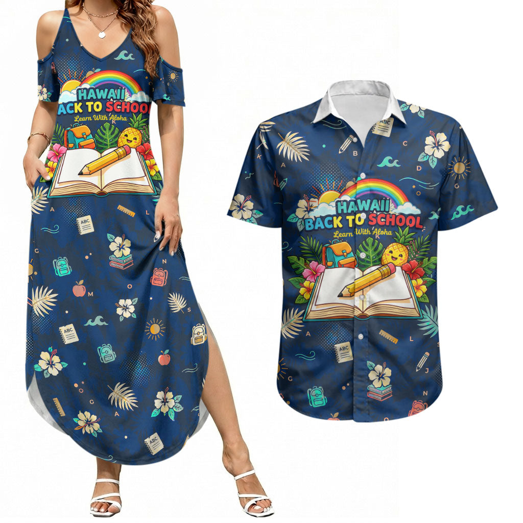 Personalized Hawaii Back To School Aloha Learning Couples Matching Summer Maxi Dress and Hawaiian Shirt Retro Rainbow open Notebook with Pineapple and Hibiscus Flowers TS04 Blue - Polynesian Pride