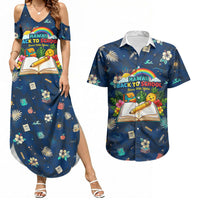 Personalized Hawaii Back To School Aloha Learning Couples Matching Summer Maxi Dress and Hawaiian Shirt Retro Rainbow open Notebook with Pineapple and Hibiscus Flowers TS04 Blue - Polynesian Pride