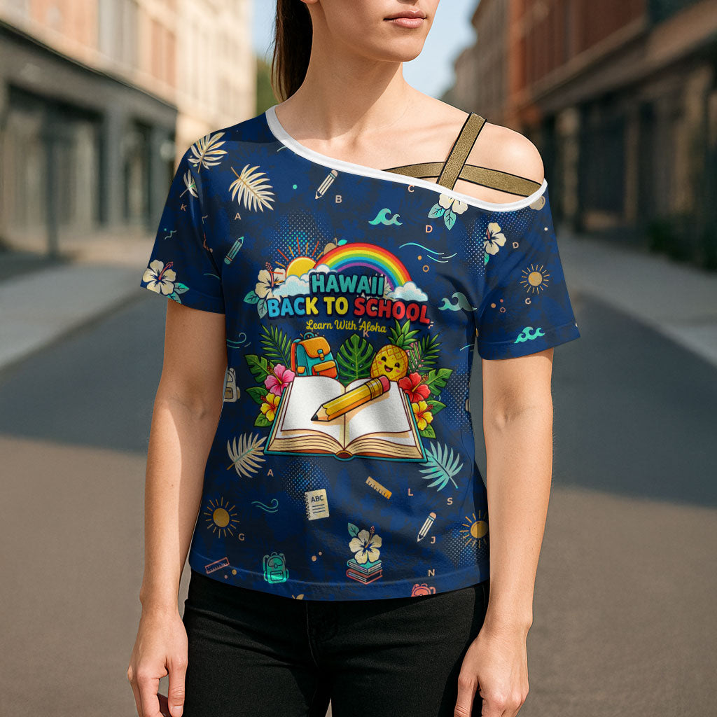 Personalized Hawaii Back To School Aloha Learning Cross Shoulder Shirt Retro Rainbow open Notebook with Pineapple and Hibiscus Flowers TS04 - Polynesian Pride