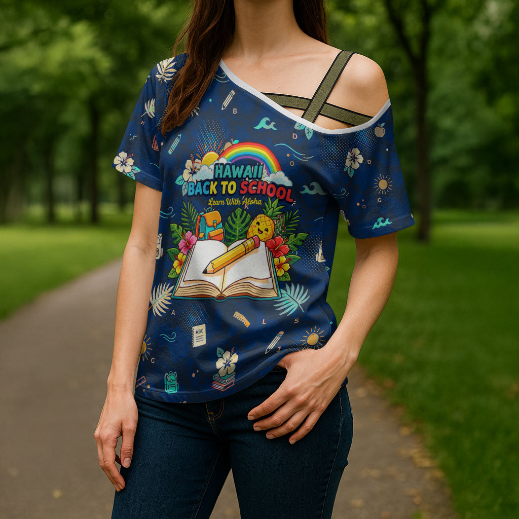Personalized Hawaii Back To School Aloha Learning Cross Shoulder Shirt Retro Rainbow open Notebook with Pineapple and Hibiscus Flowers TS04 - Polynesian Pride