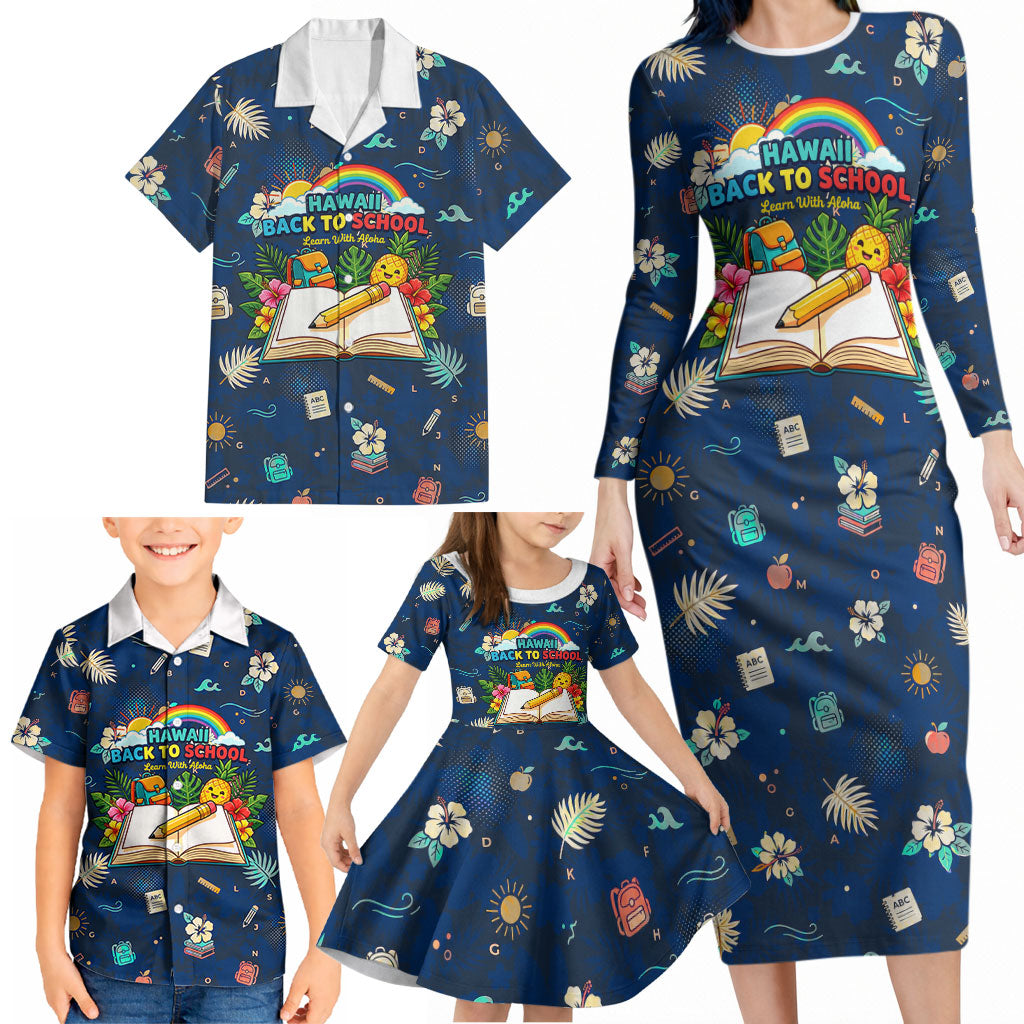 Personalized Hawaii Back To School Aloha Learning Family Matching Long Sleeve Bodycon Dress and Hawaiian Shirt Retro Rainbow open Notebook with Pineapple and Hibiscus Flowers TS04 - Polynesian Pride