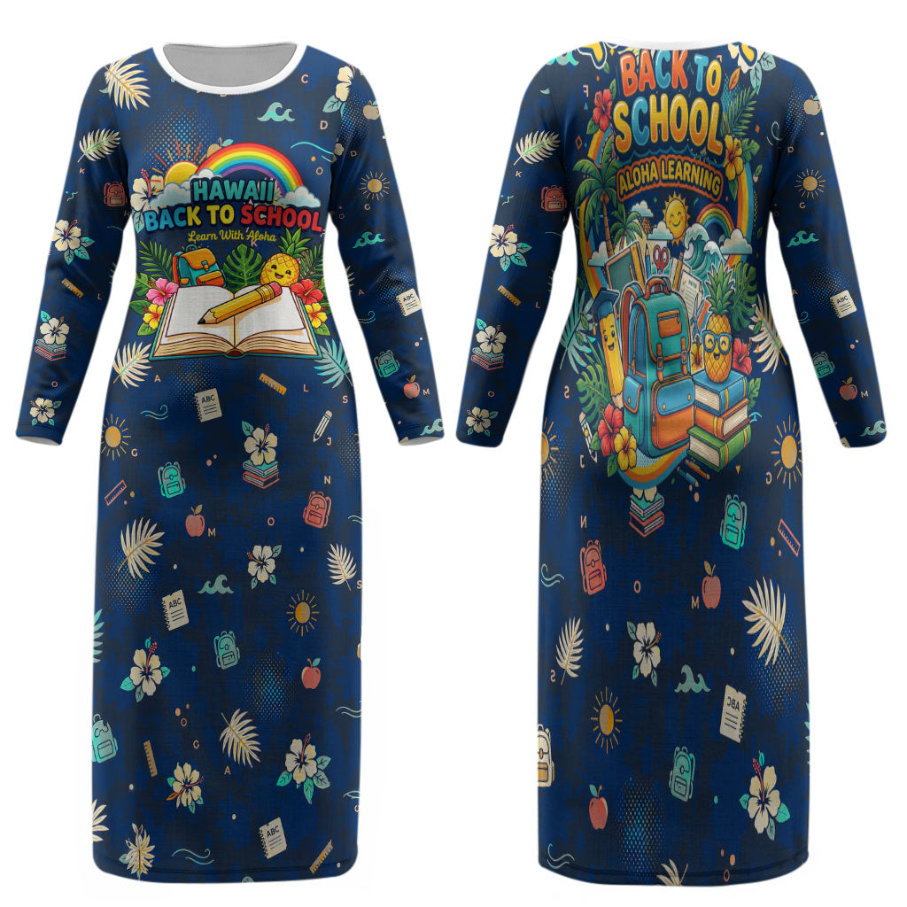 Personalized Hawaii Back To School Aloha Learning Family Matching Long Sleeve Bodycon Dress and Hawaiian Shirt Retro Rainbow open Notebook with Pineapple and Hibiscus Flowers TS04 Mom's Dress Blue - Polynesian Pride