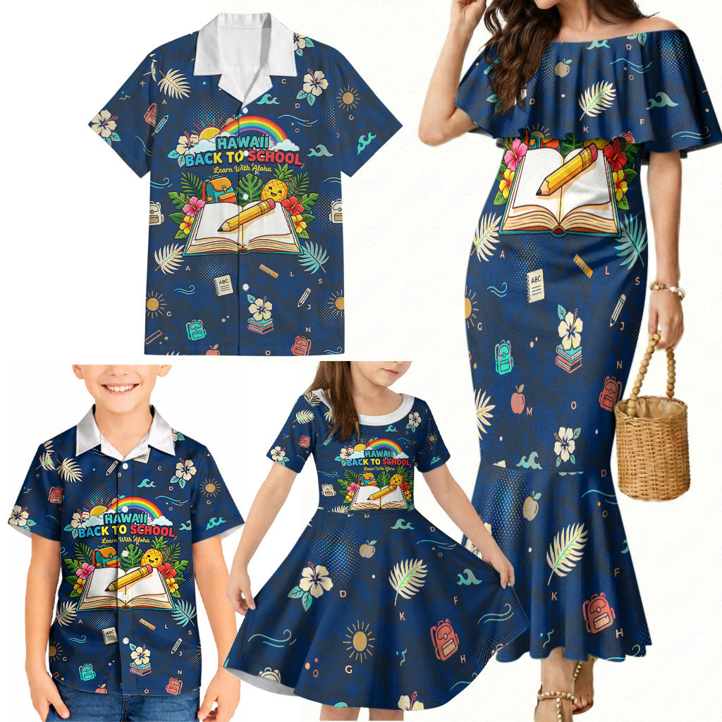 Personalized Hawaii Back To School Aloha Learning Family Matching Mermaid Dress and Hawaiian Shirt Retro Rainbow open Notebook with Pineapple and Hibiscus Flowers TS04 - Polynesian Pride