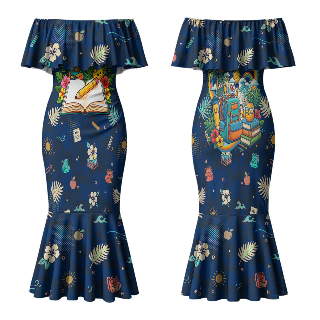 Personalized Hawaii Back To School Aloha Learning Family Matching Mermaid Dress and Hawaiian Shirt Retro Rainbow open Notebook with Pineapple and Hibiscus Flowers TS04 Mom's Dress Blue - Polynesian Pride