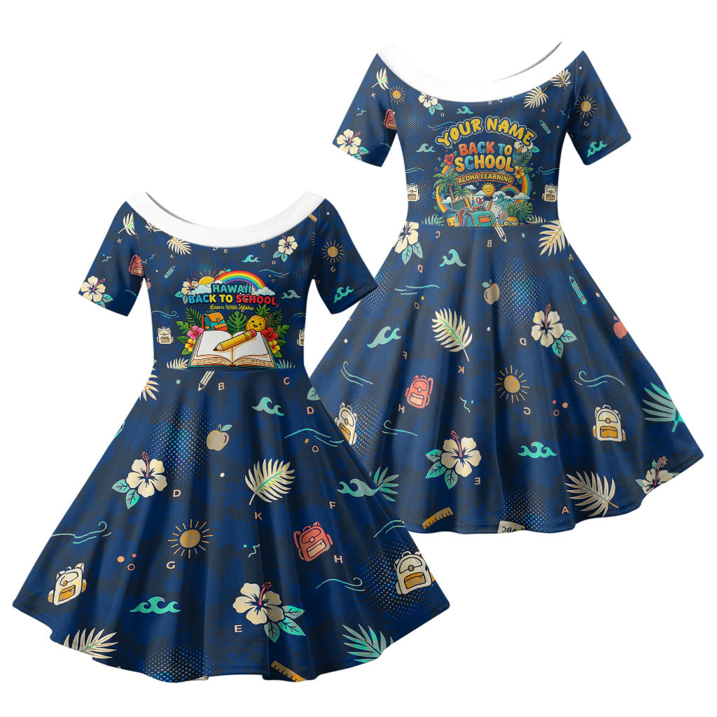 Personalized Hawaii Back To School Aloha Learning Family Matching Mermaid Dress and Hawaiian Shirt Retro Rainbow open Notebook with Pineapple and Hibiscus Flowers TS04 Daughter's Dress Blue - Polynesian Pride