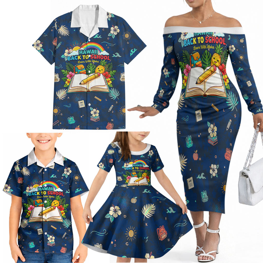 Personalized Hawaii Back To School Aloha Learning Family Matching Off The Shoulder Long Sleeve Dress and Hawaiian Shirt Retro Rainbow open Notebook with Pineapple and Hibiscus Flowers TS04 - Polynesian Pride