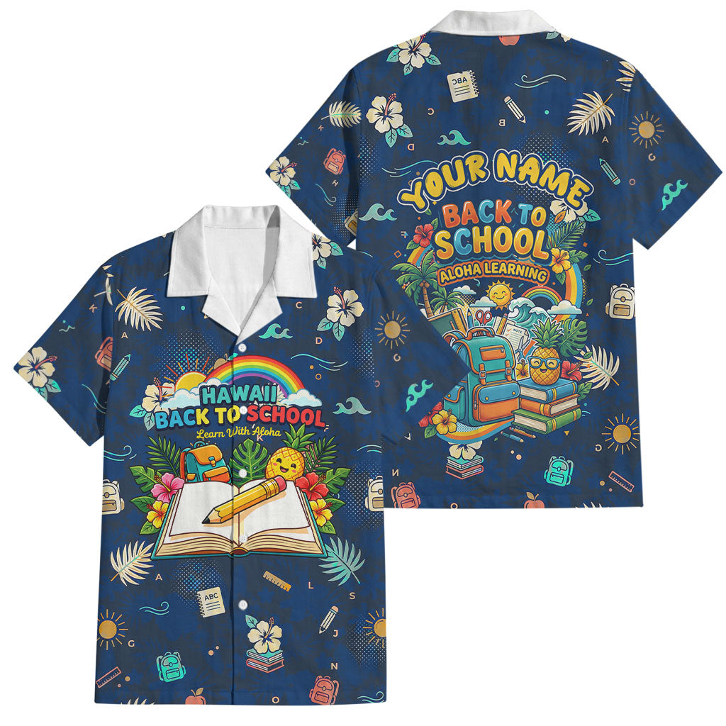 Personalized Hawaii Back To School Aloha Learning Family Matching Off The Shoulder Long Sleeve Dress and Hawaiian Shirt Retro Rainbow open Notebook with Pineapple and Hibiscus Flowers TS04 Dad's Shirt - Short Sleeve Blue - Polynesian Pride