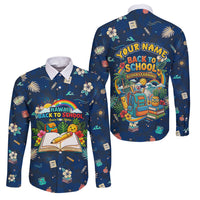 Personalized Hawaii Back To School Aloha Learning Family Matching Off The Shoulder Long Sleeve Dress and Hawaiian Shirt Retro Rainbow open Notebook with Pineapple and Hibiscus Flowers TS04 Dad's Shirt - Long Sleeve Blue - Polynesian Pride