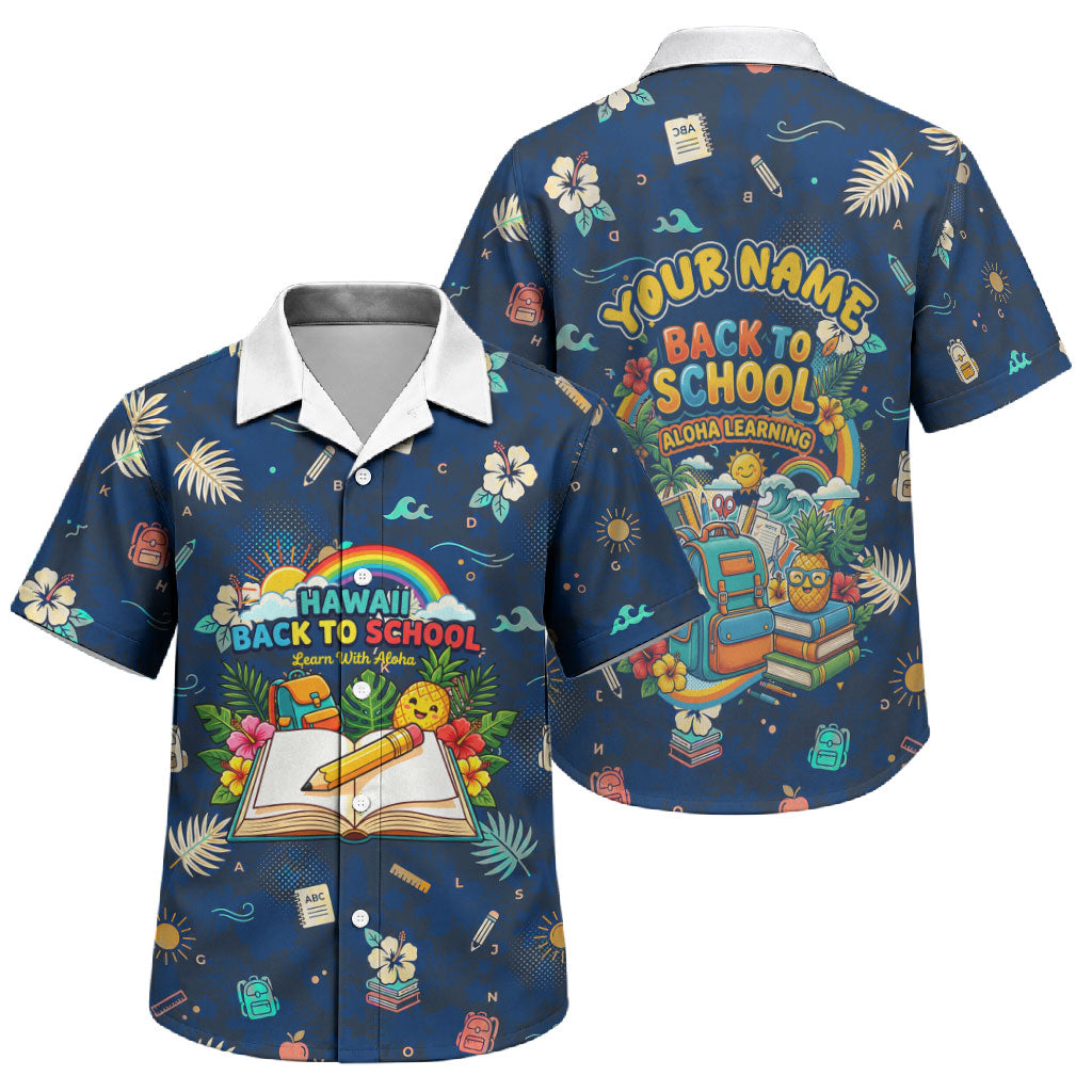 Personalized Hawaii Back To School Aloha Learning Family Matching Short Sleeve Bodycon Dress and Hawaiian Shirt Retro Rainbow open Notebook with Pineapple and Hibiscus Flowers TS04 Son's Shirt Blue - Polynesian Pride