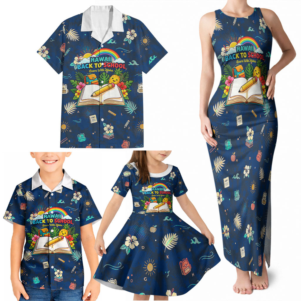 Personalized Hawaii Back To School Aloha Learning Family Matching Tank Maxi Dress and Hawaiian Shirt Retro Rainbow open Notebook with Pineapple and Hibiscus Flowers TS04 - Polynesian Pride