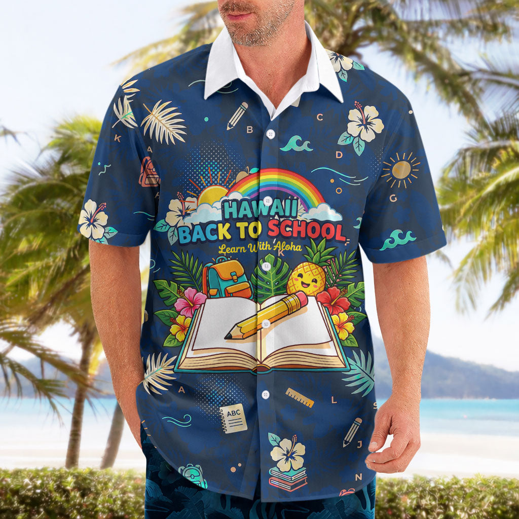 Personalized Hawaii Back To School Aloha Learning Hawaiian Shirt Retro Rainbow open Notebook with Pineapple and Hibiscus Flowers TS04 - Polynesian Pride