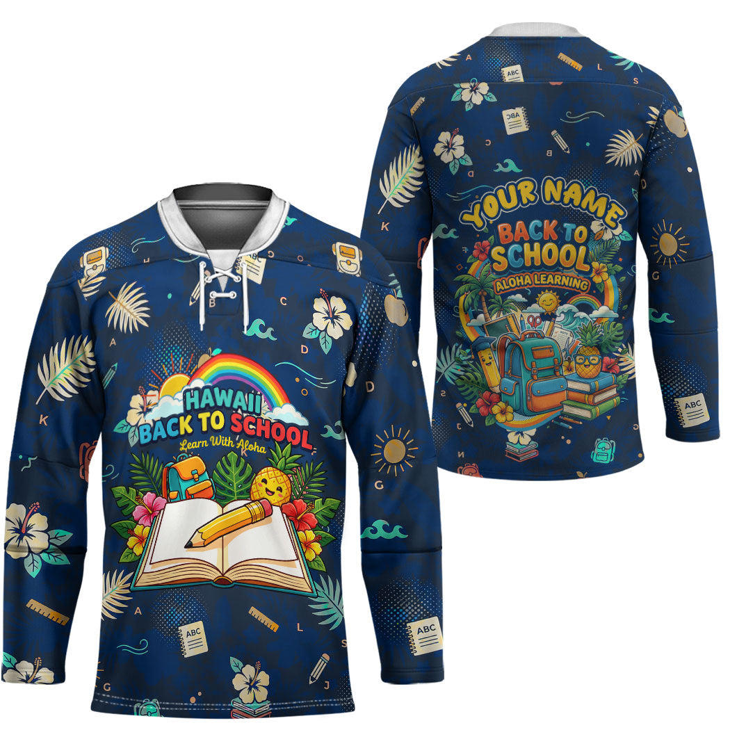 Personalized Hawaii Back To School Aloha Learning Hockey Jersey Retro Rainbow open Notebook with Pineapple and Hibiscus Flowers TS04 - Polynesian Pride