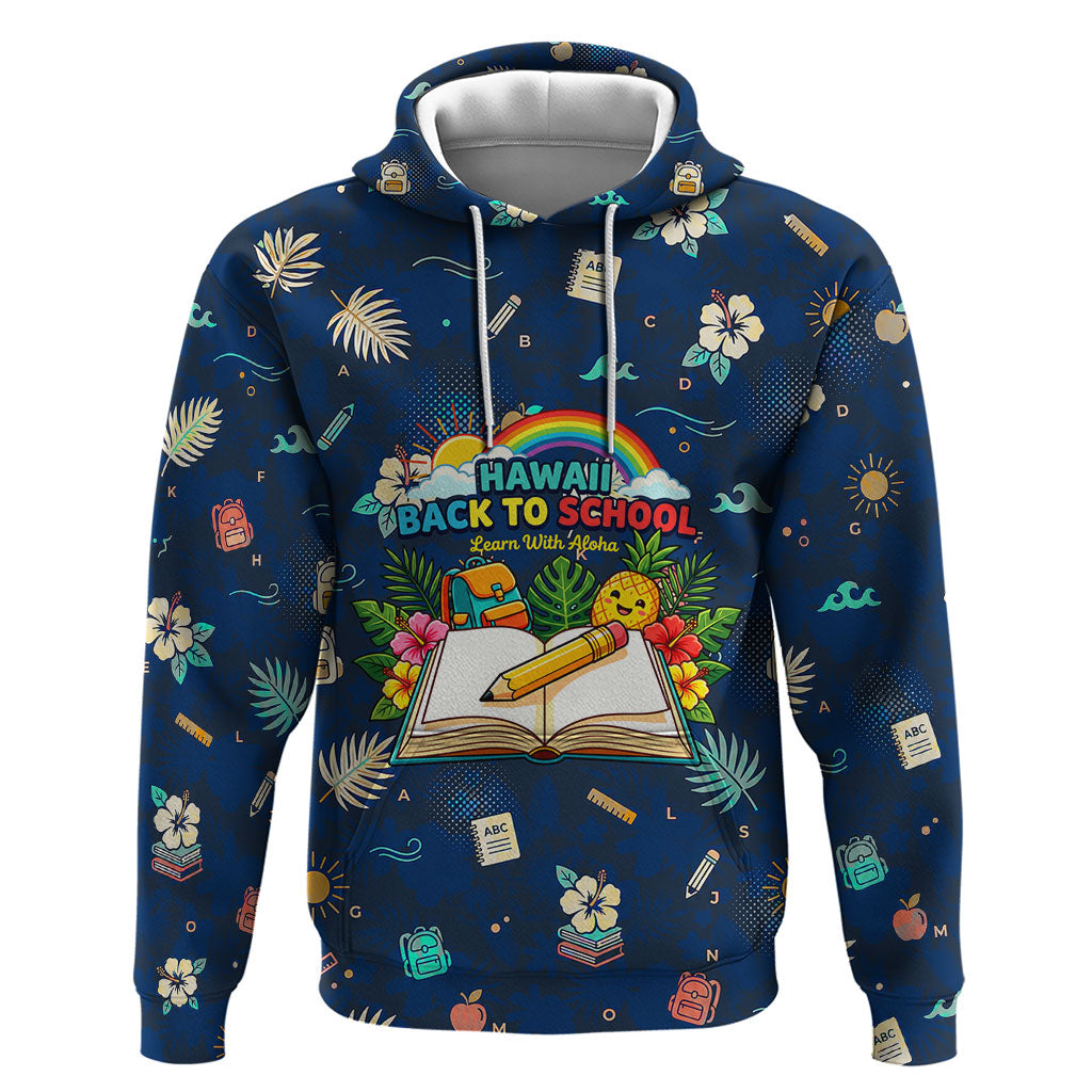 Personalized Hawaii Back To School Aloha Learning Hoodie Retro Rainbow open Notebook with Pineapple and Hibiscus Flowers TS04 Pullover Hoodie Blue - Polynesian Pride
