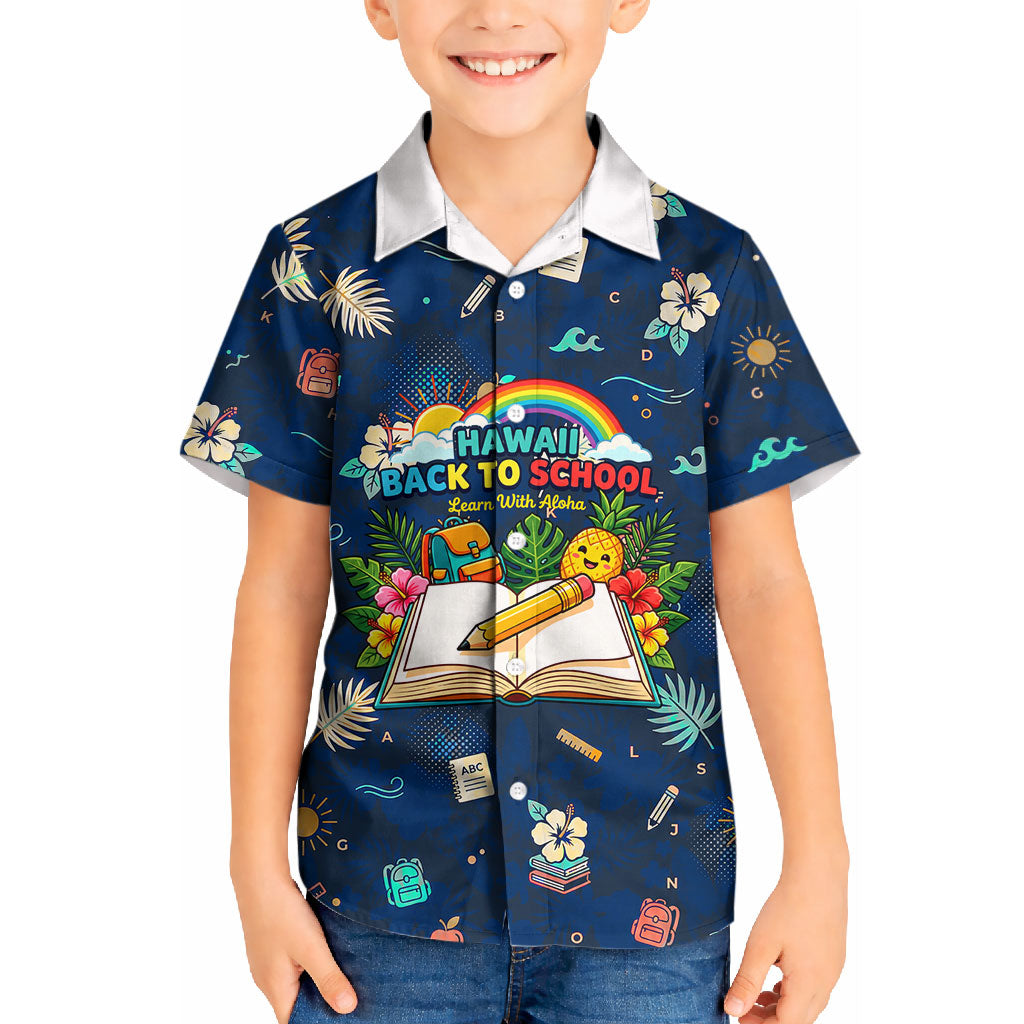 Personalized Hawaii Back To School Aloha Learning Kid Hawaiian Shirt Retro Rainbow open Notebook with Pineapple and Hibiscus Flowers TS04 Kid Blue - Polynesian Pride