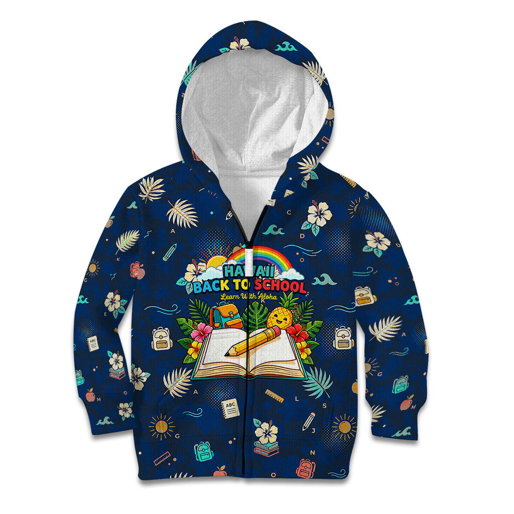 Personalized Hawaii Back To School Aloha Learning Kid Hoodie Retro Rainbow open Notebook with Pineapple and Hibiscus Flowers TS04 Zip Hoodie Blue - Polynesian Pride