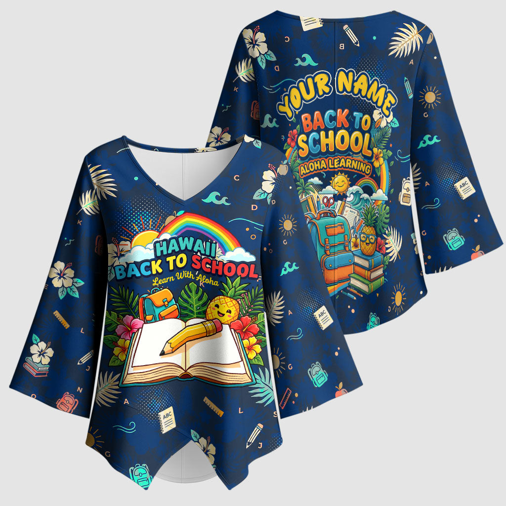 Personalized Hawaii Back To School Aloha Learning Kimono Sleeve Blouse Retro Rainbow open Notebook with Pineapple and Hibiscus Flowers TS04 - Polynesian Pride