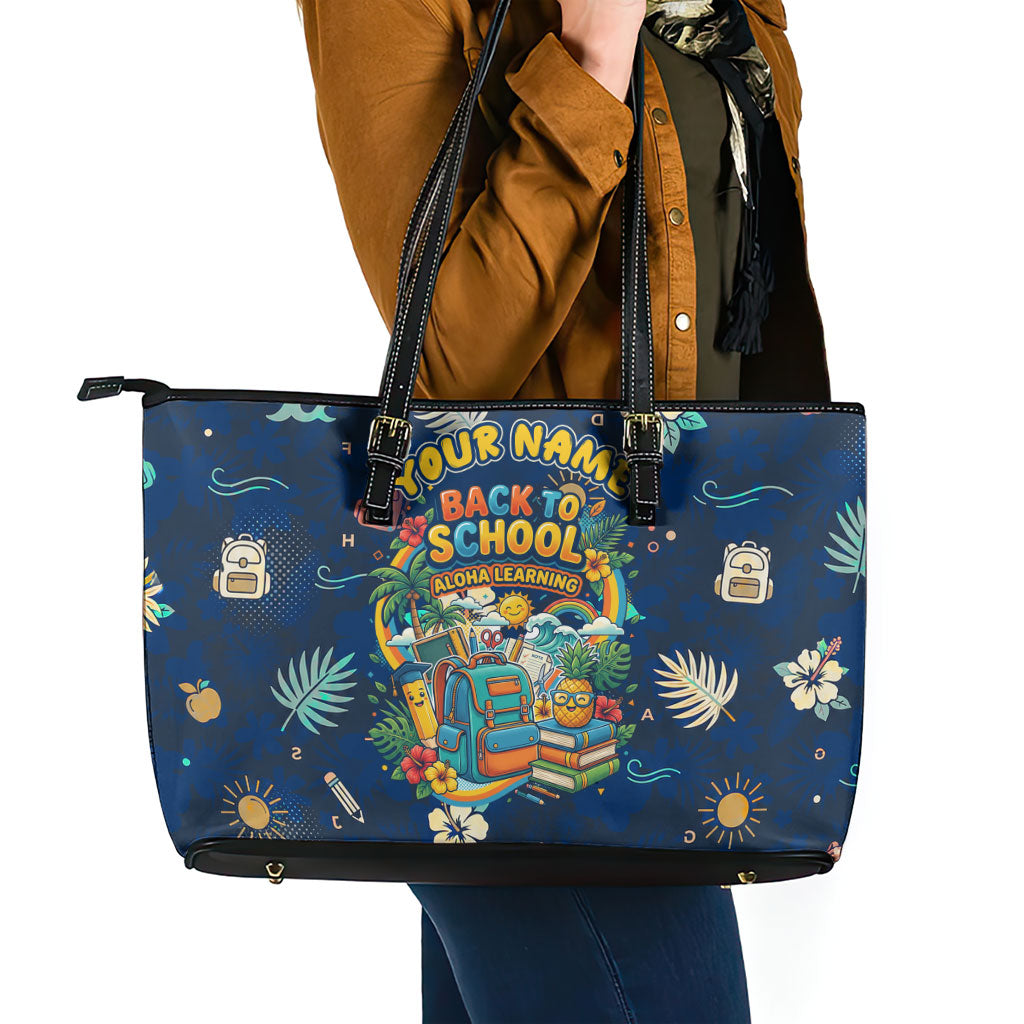 Personalized Hawaii Back To School Aloha Learning Leather Tote Bag Retro Rainbow open Notebook with Pineapple and Hibiscus Flowers TS04 - Polynesian Pride