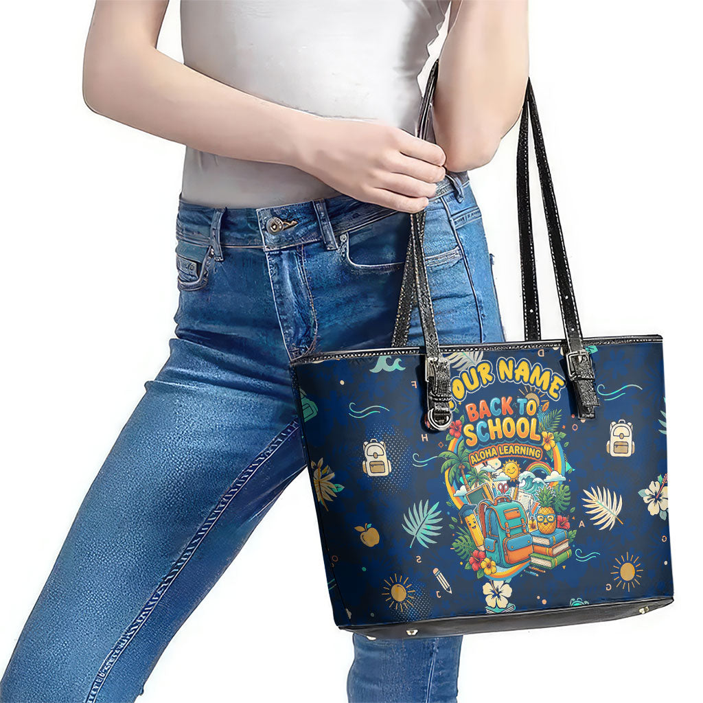 Personalized Hawaii Back To School Aloha Learning Leather Tote Bag Retro Rainbow open Notebook with Pineapple and Hibiscus Flowers TS04 - Polynesian Pride