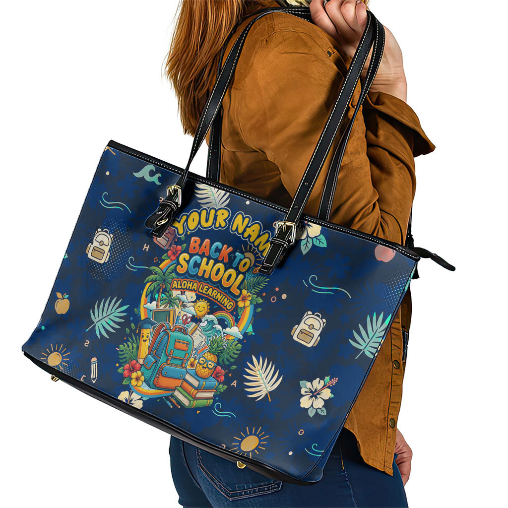 Personalized Hawaii Back To School Aloha Learning Leather Tote Bag Retro Rainbow open Notebook with Pineapple and Hibiscus Flowers TS04 - Polynesian Pride