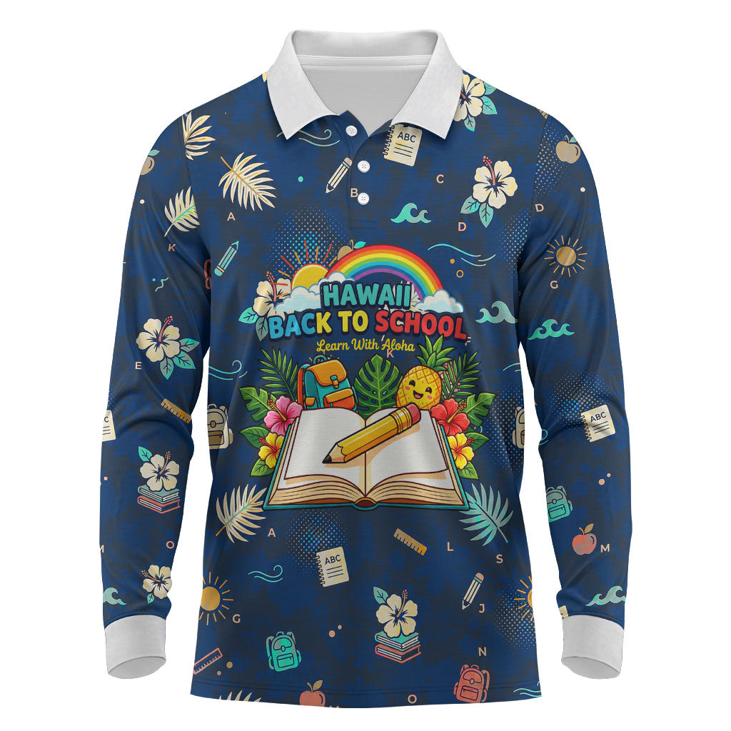 Personalized Hawaii Back To School Aloha Learning Long Sleeve Polo Shirt Retro Rainbow open Notebook with Pineapple and Hibiscus Flowers TS04 Blue - Polynesian Pride