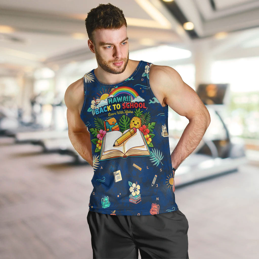 Personalized Hawaii Back To School Aloha Learning Men Tank Top Retro Rainbow open Notebook with Pineapple and Hibiscus Flowers TS04 Blue - Polynesian Pride