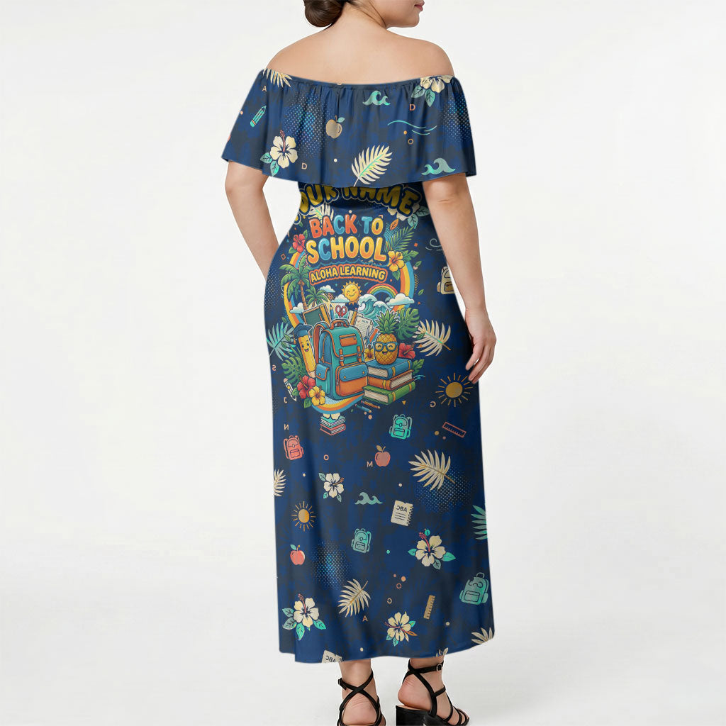 Personalized Hawaii Back To School Aloha Learning Off Shoulder Maxi Dress Retro Rainbow open Notebook with Pineapple and Hibiscus Flowers TS04 - Polynesian Pride