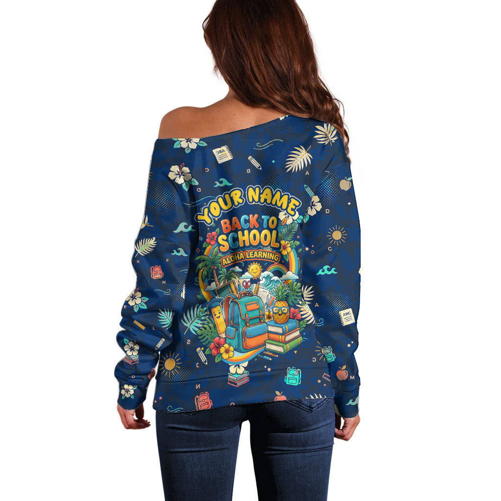 Personalized Hawaii Back To School Aloha Learning Off Shoulder Sweater Retro Rainbow open Notebook with Pineapple and Hibiscus Flowers TS04 - Polynesian Pride