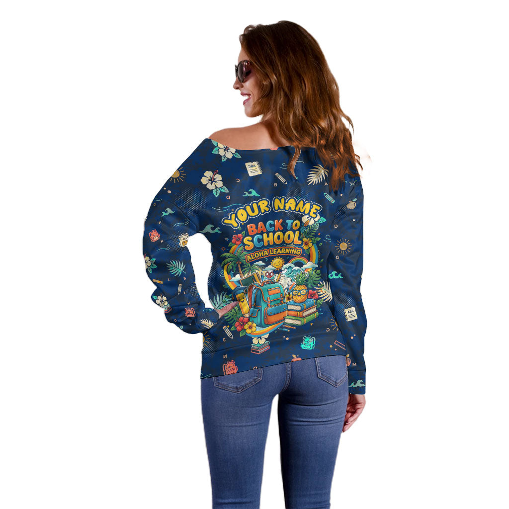 Personalized Hawaii Back To School Aloha Learning Off Shoulder Sweater Retro Rainbow open Notebook with Pineapple and Hibiscus Flowers TS04 - Polynesian Pride
