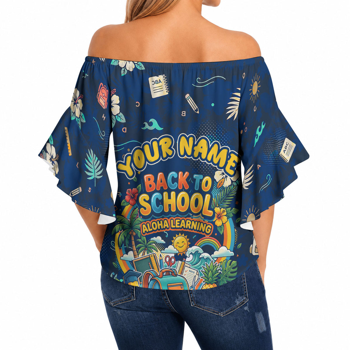 Personalized Hawaii Back To School Aloha Learning Off Shoulder Wrap Waist Top Retro Rainbow open Notebook with Pineapple and Hibiscus Flowers TS04 - Polynesian Pride
