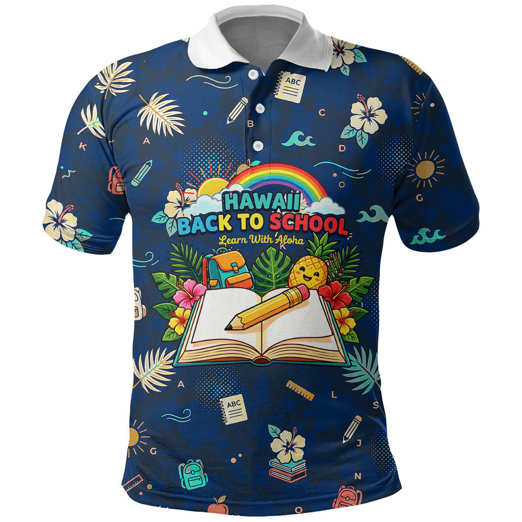 Personalized Hawaii Back To School Aloha Learning Polo Shirt Retro Rainbow open Notebook with Pineapple and Hibiscus Flowers TS04 Blue - Polynesian Pride