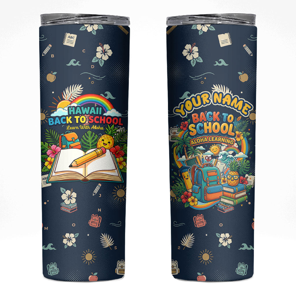 Personalized Hawaii Back To School Aloha Learning Skinny Tumbler Retro Rainbow open Notebook with Pineapple and Hibiscus Flowers TS04 Blue - Polynesian Pride