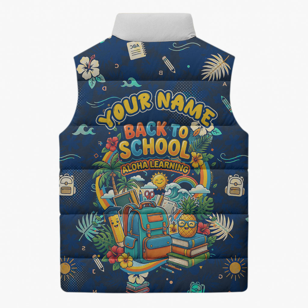 Personalized Hawaii Back To School Aloha Learning Sleeveless Puffer Jacket Retro Rainbow open Notebook with Pineapple and Hibiscus Flowers TS04 - Polynesian Pride