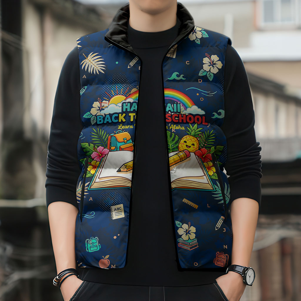 Personalized Hawaii Back To School Aloha Learning Sleeveless Puffer Jacket Retro Rainbow open Notebook with Pineapple and Hibiscus Flowers TS04 - Polynesian Pride