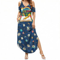 Personalized Hawaii Back To School Aloha Learning Summer Maxi Dress Retro Rainbow open Notebook with Pineapple and Hibiscus Flowers TS04 Women Blue - Polynesian Pride