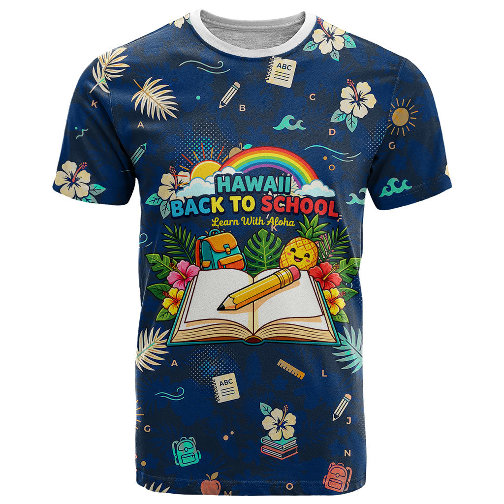 Personalized Hawaii Back To School Aloha Learning T Shirt Retro Rainbow open Notebook with Pineapple and Hibiscus Flowers TS04 Blue - Polynesian Pride