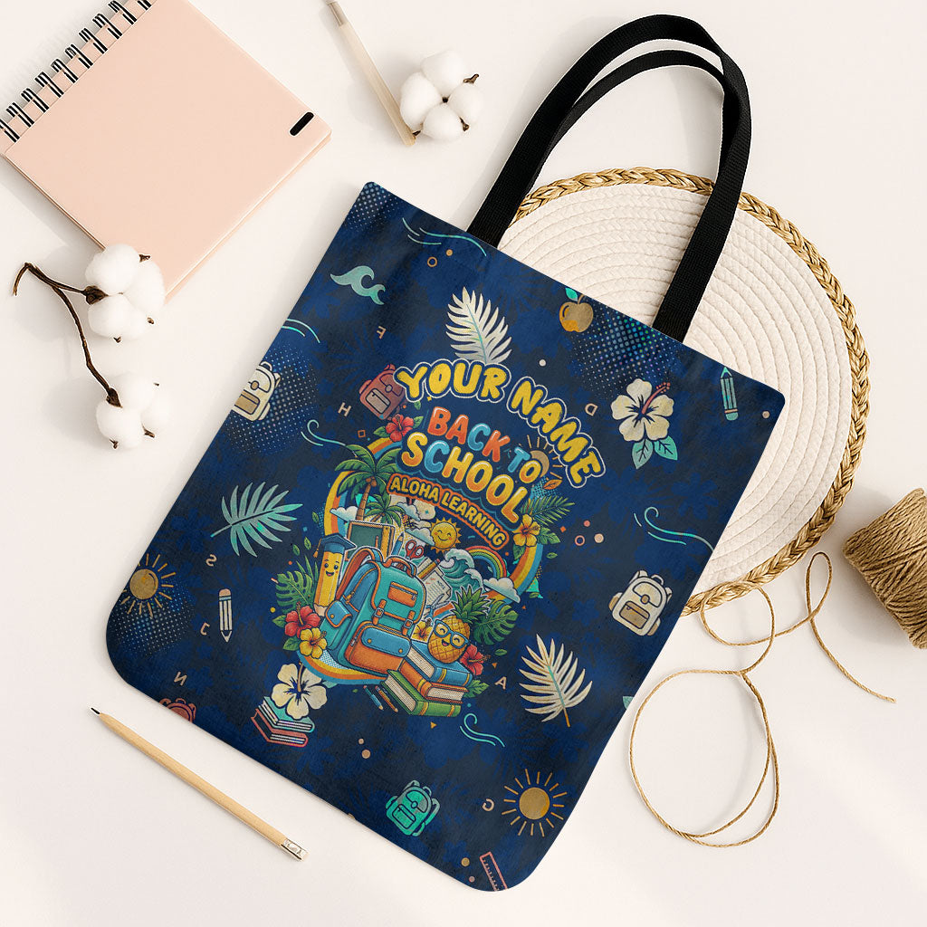 Personalized Hawaii Back To School Aloha Learning Tote Bag Retro Rainbow open Notebook with Pineapple and Hibiscus Flowers TS04 Black Strap One Size Blue - Polynesian Pride