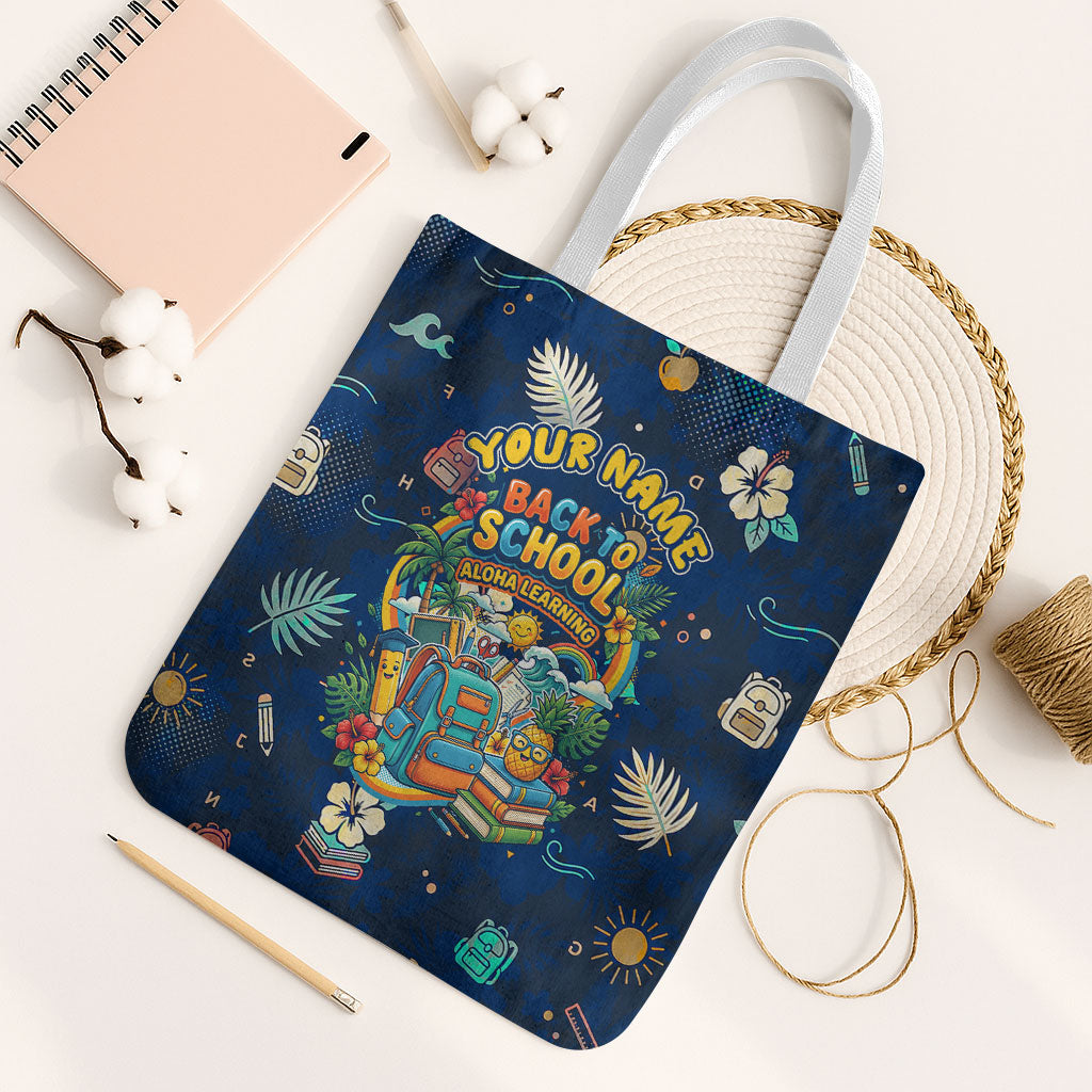 Personalized Hawaii Back To School Aloha Learning Tote Bag Retro Rainbow open Notebook with Pineapple and Hibiscus Flowers TS04 White Strap One Size Blue - Polynesian Pride