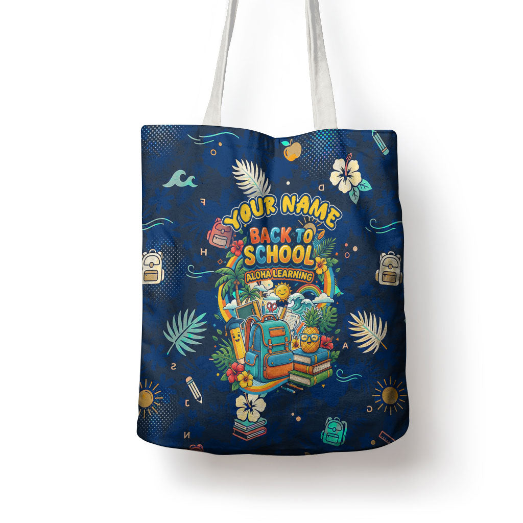 Personalized Hawaii Back To School Aloha Learning Tote Bag Retro Rainbow open Notebook with Pineapple and Hibiscus Flowers TS04 - Polynesian Pride