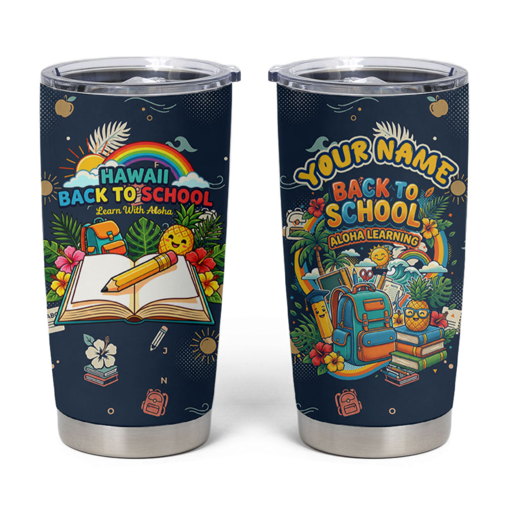 Personalized Hawaii Back To School Aloha Learning Tumbler Cup Retro Rainbow open Notebook with Pineapple and Hibiscus Flowers TS04 Blue - Polynesian Pride
