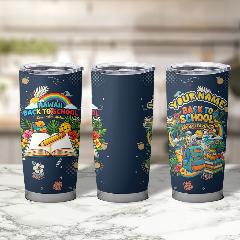 Personalized Hawaii Back To School Aloha Learning Tumbler Cup Retro Rainbow open Notebook with Pineapple and Hibiscus Flowers TS04 - Polynesian Pride